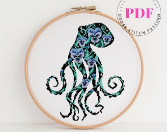 Octopus counted cross stitch pattern Floral cross stitch pattern sea ocean animal silhouette cross stitch pattern (Digital Format - PDF)