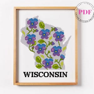 Wisconsin kruissteekpatroon pdf | Geborduurd geborduurd staat met bloemen | Modern botanisch interieur | Ontwerp voor directe download