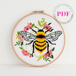 Bijen kruissteekpatroon bloemen kruissteekpatroon eenvoudige kruissteekkaart modern borduurontwerp insect xstitch digitaal formaat - pdf