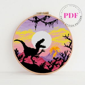 Dinosaur Sunset Cross Stitch Pattern | Prehistoric Landscape PDF | Volcano Embroidery Design | DIY Counted Cross Stitch | Instant Download
