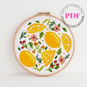 Lemon Cross Stitch Pattern PDF, Summer Fruit Embroidery Design, Citrus Sampler Modern Hoop Art, Instant Download Funny Decor