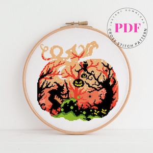 Halloween Pumpkin Cross Stitch Pattern PDF | Witch Silhouette Autumn Forest Spooky Fall Embroidery | Easy Halloween Decor Chart