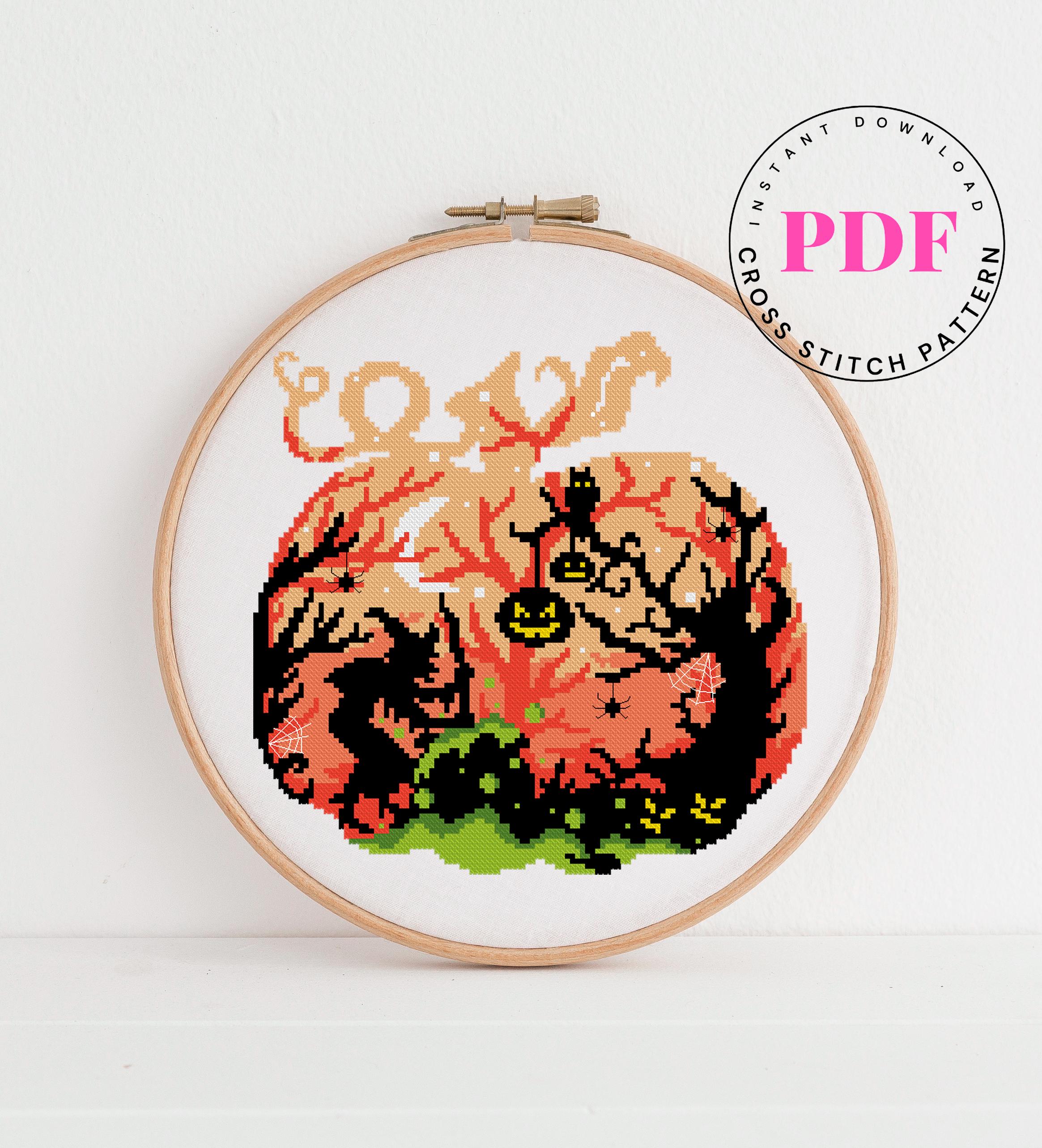 Halloween Pumpkin Cross Stitch Pattern PDF | Witch Silhouette Autumn Forest Spooky Fall Embroidery | Easy Halloween Decor Chart