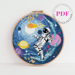 Astronaut Cross Stitch Pattern PDF | Space Galaxy Embroidery | Solar System Counted Stitch | Cosmic Outer Space Decor Design