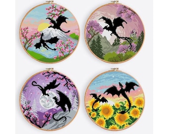 Fantasy Dragon Cross Stitch Pattern Set PDF | Seasonal Landscape Hoop Art | Moon, Mountains & Flowers | Magical Embroidery Download