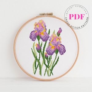 Irisbloem kruissteekpatroon bloemen kruissteekkaart bloemenboeket kruissteekontwerp natuur eenvoudig borduren Digitaal formaat - pdf