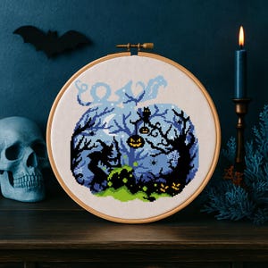 Spooky Halloween Pumpkin Cross Stitch Pattern PDF, Gothic Forest Night Scene, Black Cat Bat Embroidery, Haunted Fall Decor Download