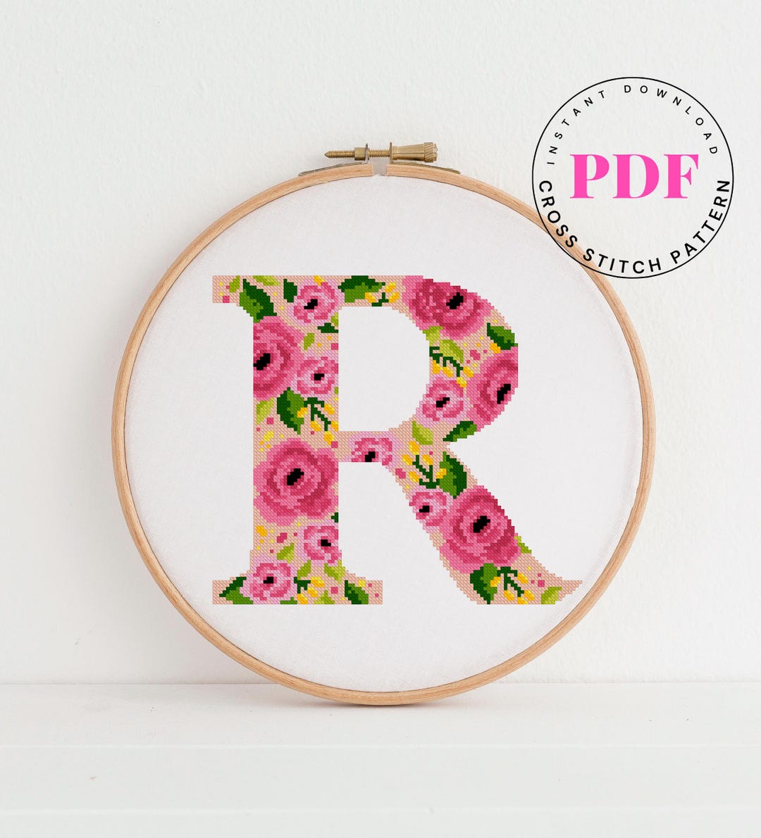 Crosshatch Lettering R Floral Letter R Cross Stitch Pattern • Monogram Embroidery PDF • Rose ...