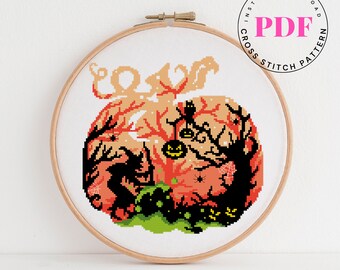 Witch counted cross stitch pattern halloween cross stitch pattern pumpkin scary horror cross stitch pattern Digital Format -PDF