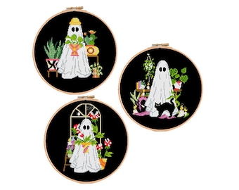 Set of 3 Ghosts and plants cross stitch pattern easy cross stitch design spooky cross stitch flower nature Digital Format - PDF