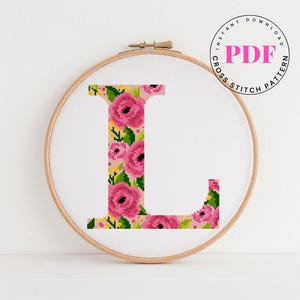 Patrón de punto de cruz con letra L floral (PDF) / Bordado con monograma del alfabeto / Inicial de flores rosas / Diseño moderno de bastidor de muestrario A-Z