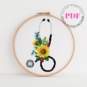 Stethoscoop geteld kruissteekpatroon bloemen kruissteekkaart Medisch kruissteekpatroon Nurse Life digitaal formaat - pdf