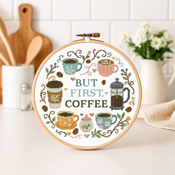 But first coffee cross stitch pattern kitchen embroidery Digital Format - PDF