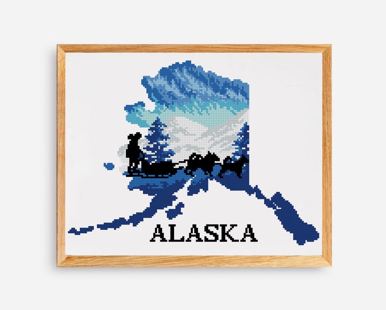 Alaska Cross Stitch Pattern PDF | Map Silhouette With Sled Dogs ...
