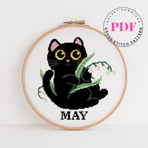 May Cat Cross Stitch Pattern PDF – Cute Black Cat with Lily of the Valley – Monthly Cat Series Embroidery – Instant Download