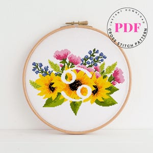 Patrón de punto de cruz del zodiaco Cáncer en PDF / Bordado astrológico floral de girasol / Regalo de horóscopo / Arte moderno de aro / Descarga instantánea