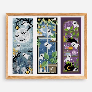 Set van 3 Ghosts Cross Stitch patroon bladwijzers Halloween Cross Stitch Design Spooky Cross Stitch Chart Horror Bat Witch digitaal formaat - PDF