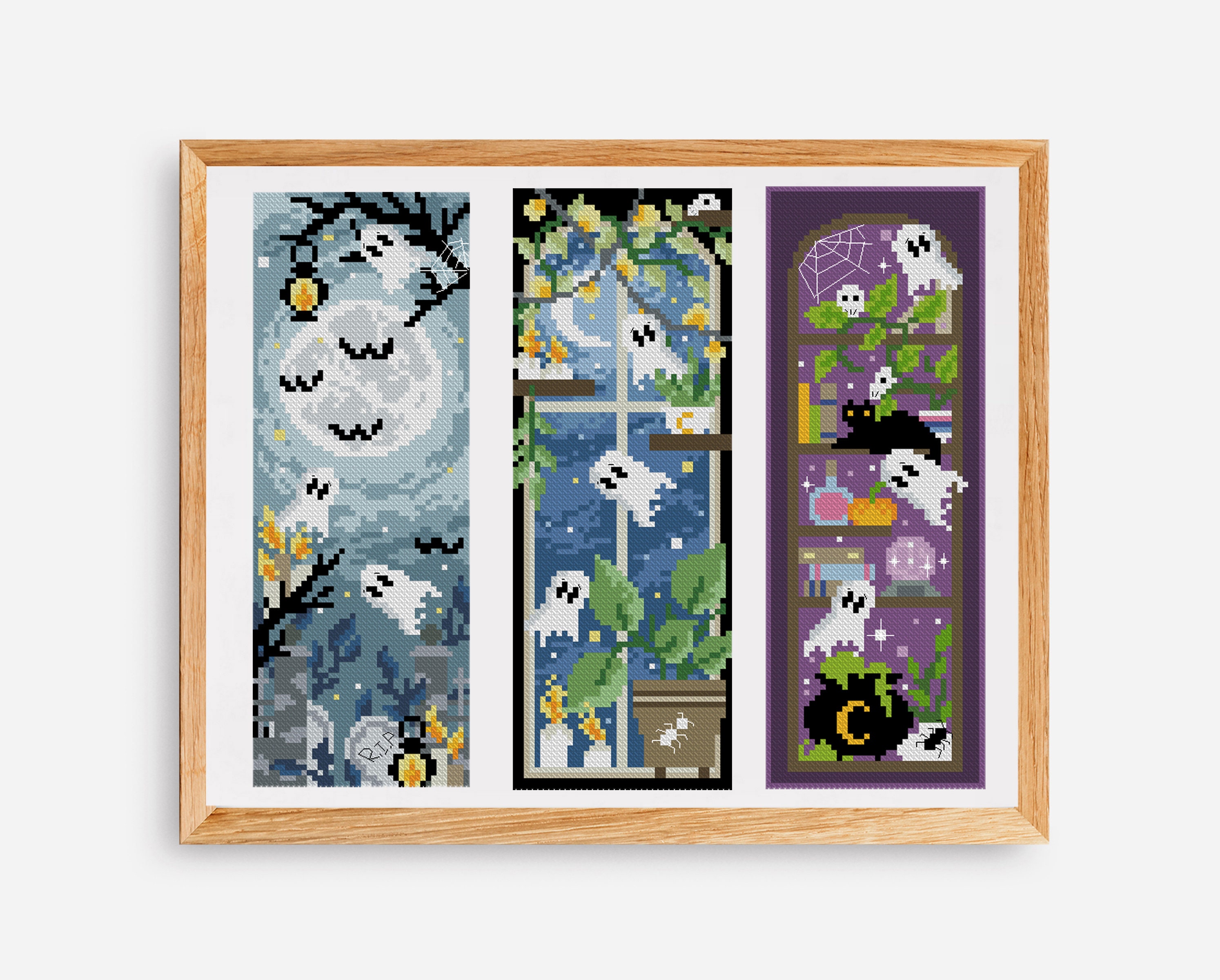 Set of 3 Ghosts Cross Stitch Pattern Bookmarks Halloween Cross Stitch Design Spooky Cross Stitch Chart Horror Bat Witch Digital Format - PDF