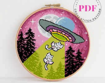 UFO cross stitch pattern easy counted cross stitch pattern cat cross stitch pattern embroidery design Digital Format - PDF