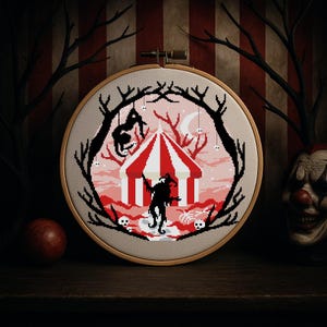 Creepy Clown Cross Stitch Pattern PDF, Spooky Circus Embroidery, Halloween Horror Pattern, Dark Carnival Decor, Instant Download
