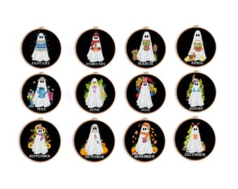 Set of 12 month ghosts counted cross stitch pattern spooky cross stitch design easy cross stitch chart gothic horror Digital Format - PDF