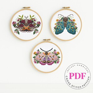 Kreuzstich Stickmuster Set PDF | Blumenstickerei mit Blumenflügeln | Von der Natur inspirierte Hoop Art | Sofortiger Download als PDF