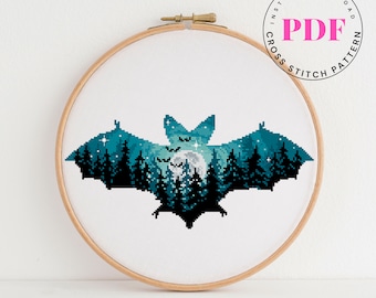 Bat cross stitch pattern landscape nature cross stitch chart easy cross stitch design animal moon forest Digital Format - PDF