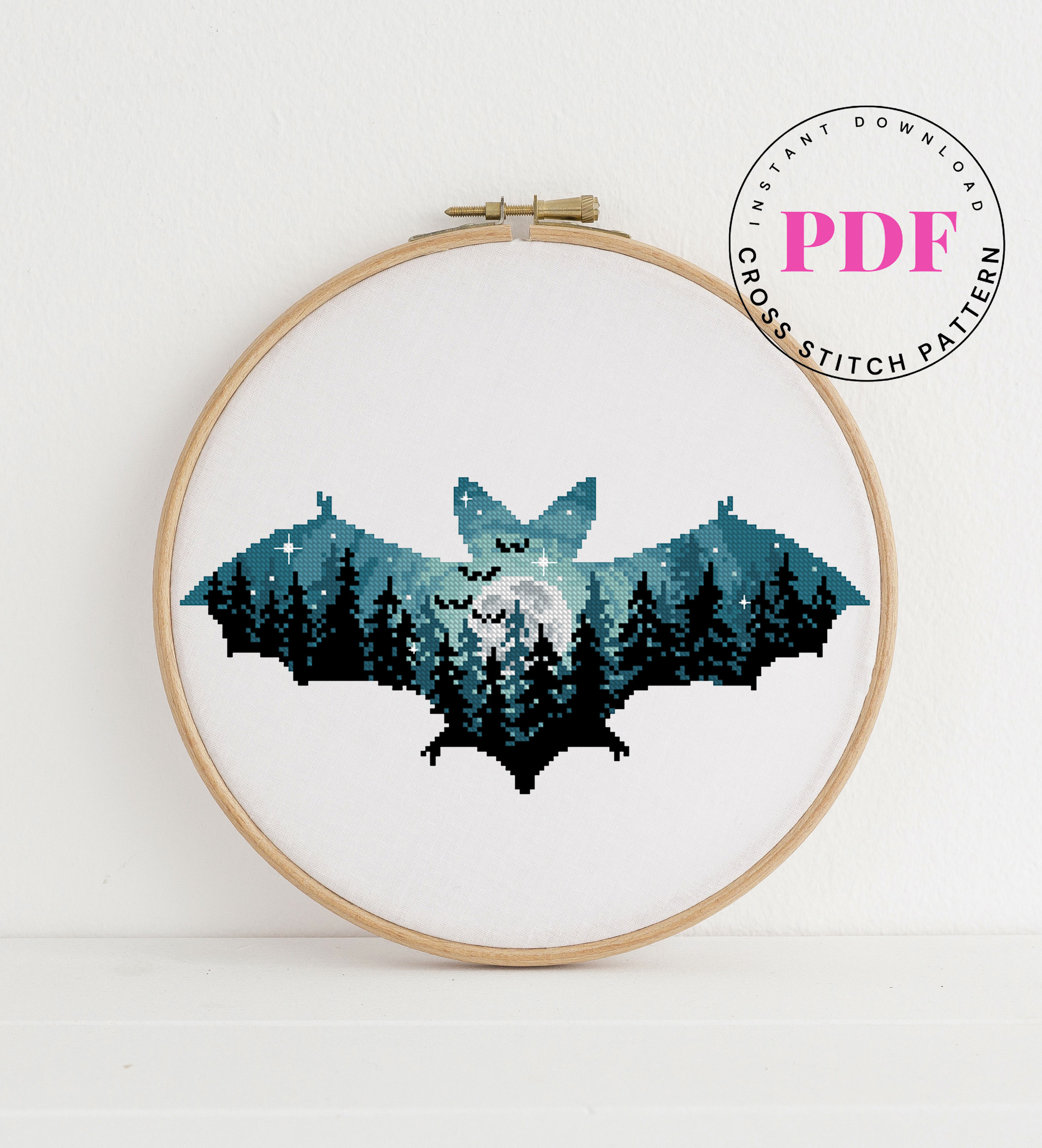 Bat cross stitch pattern landscape nature cross stitch chart easy cross stitch design animal moon forest Digital Format - PDF