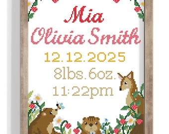 Custom Baby Birth Record Cross Stitch Pattern PDF | Woodland Animals Sampler | Personalized Newborn Gift | Editable Embroidery Design
