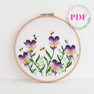 Violette Blume Kreuzstichmuster Biene Kreuzstichvorlage Stickmuster Vorlage einfach Kreuzstichmuster Natur botanisches Format - PDF
