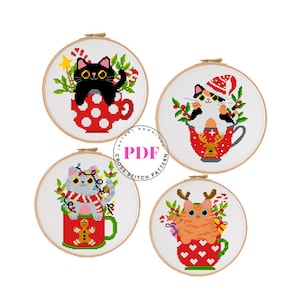 Set van 4 kerstkatten kruissteekpatronen Schattig kruissteekschema kerst kruissteek dieren kruissteek digitaal formaat - PDF