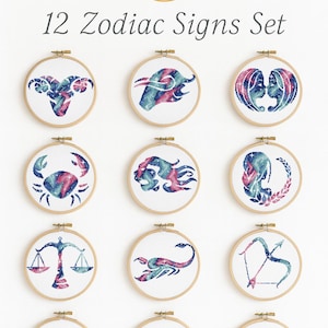 Zodiac Cross Stitch Pattern Set PDF, 12 Astrology Signs Embroidery, Horoscope Cross Stitch Bundle, Modern Constellation Embroidery