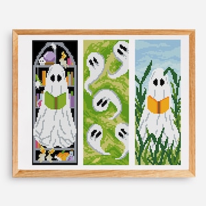 Ghost Bookmark Cross Stitch Pattern Set PDF – Spooky Halloween Bookmarks, Reading Ghosts, Gothic Cute Embroidery – Instant Download
