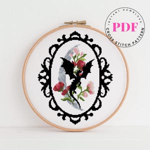 Gothic Dragon Cross Stitch Pattern PDF | Dark Floral Embroidery Design | Fantasy Moon Counted Chart | Instant Digital Download