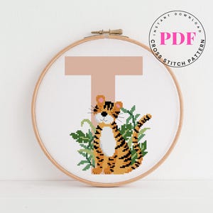 Letra T padrão de ponto cruz alfabeto bebê decoração de berçário bebê Padrão de ponto cruz Tigre Formato Digital - PDF