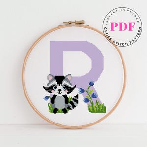 Letra R padrão de ponto cruz alfabeto bebê decoração de berçário bebê padrão de ponto cruz guaxinim Formato Digital - PDF
