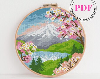 富士山クロスステッチパターン、富士山刺繍、日本の火山ニードル