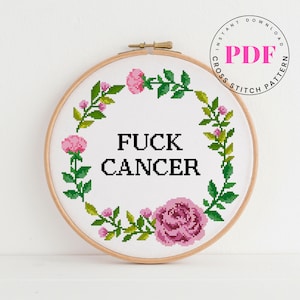 Fu*k kanker - kruissteekpatroon eenvoudig kruissteekschema borduurontwerp bloemenrand kruissteek digitaal formaat - PDF