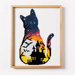 Kat Halloween kruissteekpatroon geteld dier kruissteek mystiek eenvoudig kruissteekpatroon heks horror (digitaal formaat - pdf)