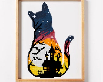 Cat Halloween cross stitch pattern counted animal cross stitch mystical easy cross stitch pattern witch horror(Digital Format - PDF)