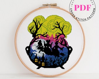 Witch cross stitch pattern Halloween cross stitch easy cross stitch pattern landscape horror spooky Digital Format - PDF