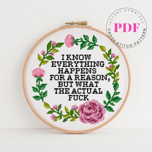 Padrão de Ponto Cruz Divertido em PDF | Bordado Floral com Frase Sarcástica | Decoração Moderna com Palavrões | Padrão para Download Imediato