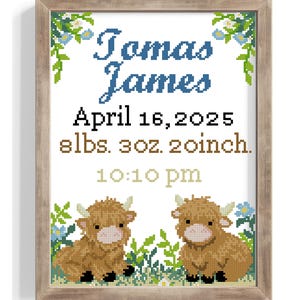 May include: A framed cross-stitch birth announcement with the name "Tomas James" in blue. The announcement includes the birth date, weight (8 lbs 3 oz), length (20 inches), and time (10:10 PM). Two brown Highland cows are at the bottom.