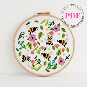 Bijen kruissteek patroon bloemen kruissteek patroon natuur dier insect kruissteek grafiek borduurwerk bloemen digitaal formaat - PDF