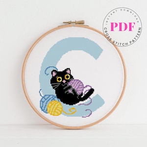 Patrón de punto de cruz con la letra C, alfabeto para bebé, decoración de guardería, patrón de punto de cruz con gato Formato digital - PDF