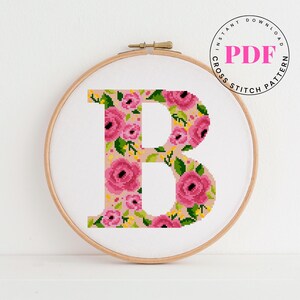 Letter B Floral Modern Cross Stitch Pattern alphabet cross stitch pattern flower cross stitch Digital Format - PDF