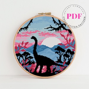 Dinosaurus kruissteekpatroon Dieren kruissteekpatroon liggend kruissteekschema Eenvoudige kruissteek doe-het-zelf interieur Digitaal formaat - pdf