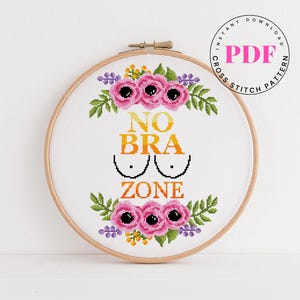 No Bra Zone Subversief kruissteekpatroon eenvoudig kruissteekontwerp kruissteekkaart met bloemen Digitaal formaat - pdf