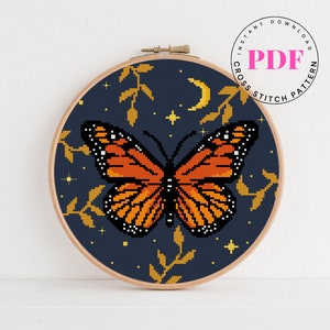 Butterfly cross stitch pattern modern counted cross stitch pattern starry sky moon nature insect cross stitch landscape Digital Format - PDF