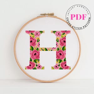 Letter H Bloemen modern kruissteekpatroon Eenvoudig kruissteekschema Monogram eerste kruissteekontwerp Digitaal formaat - pdf